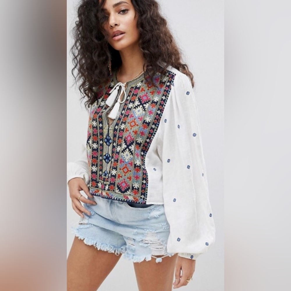 Free People Enter Loveland Multicolor Embroidery Long Balloon Sleeve Boho Blouse